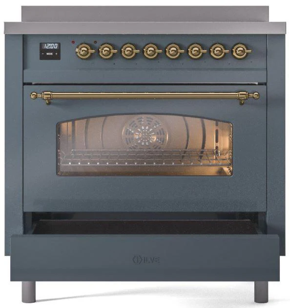 ILVE Nostalgie II 36-Inch Freestanding Electric Induction Range in Blue Grey with Brass Trim (UPI366NMPBGG) - Image 5