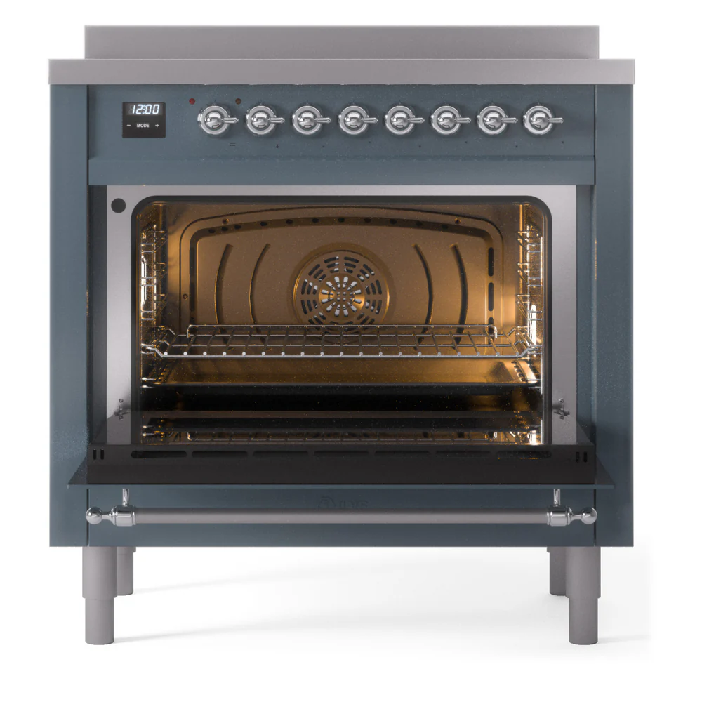 ILVE Nostalgie II 36-Inch Freestanding Electric Induction Range in Blue Grey with Chrome Trim (UPI366NMPBGC) - Image 4