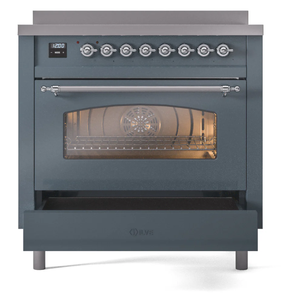 ILVE Nostalgie II 36-Inch Freestanding Electric Induction Range in Blue Grey with Chrome Trim (UPI366NMPBGC) - Image 5
