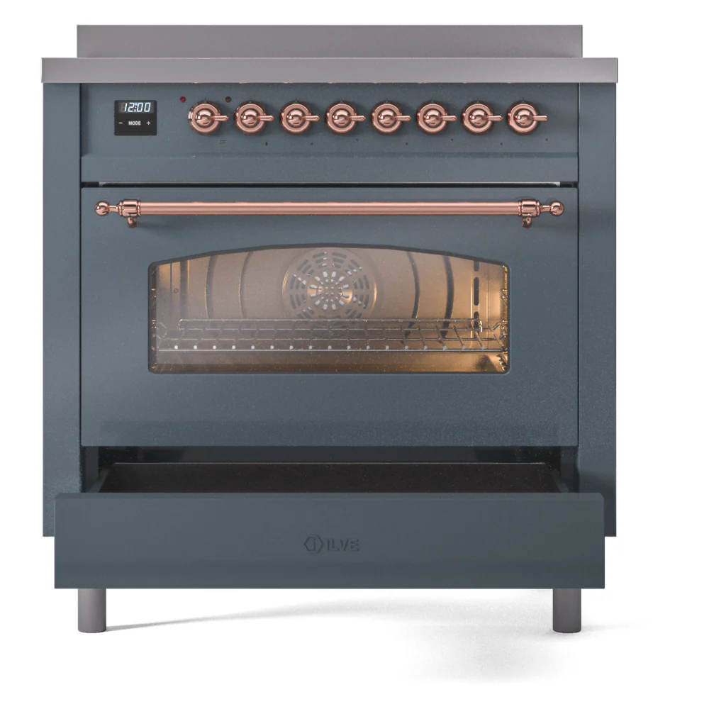 ILVE Nostalgie II 36-Inch Freestanding Electric Induction Range in Blue Grey with Copper Trim (UPI366NMPBGP) - Image 5