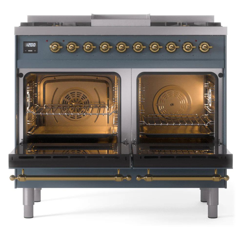 ILVE Nostalgie II 40-Inch Dual Fuel Freestanding Range in Blue Grey with Brass Trim (UPD40FNMPBGGLP) - Image 5