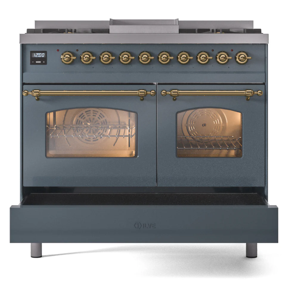 ILVE Nostalgie II 40-Inch Dual Fuel Freestanding Range in Blue Grey with Brass Trim (UPD40FNMPBGGLP) - Image 8