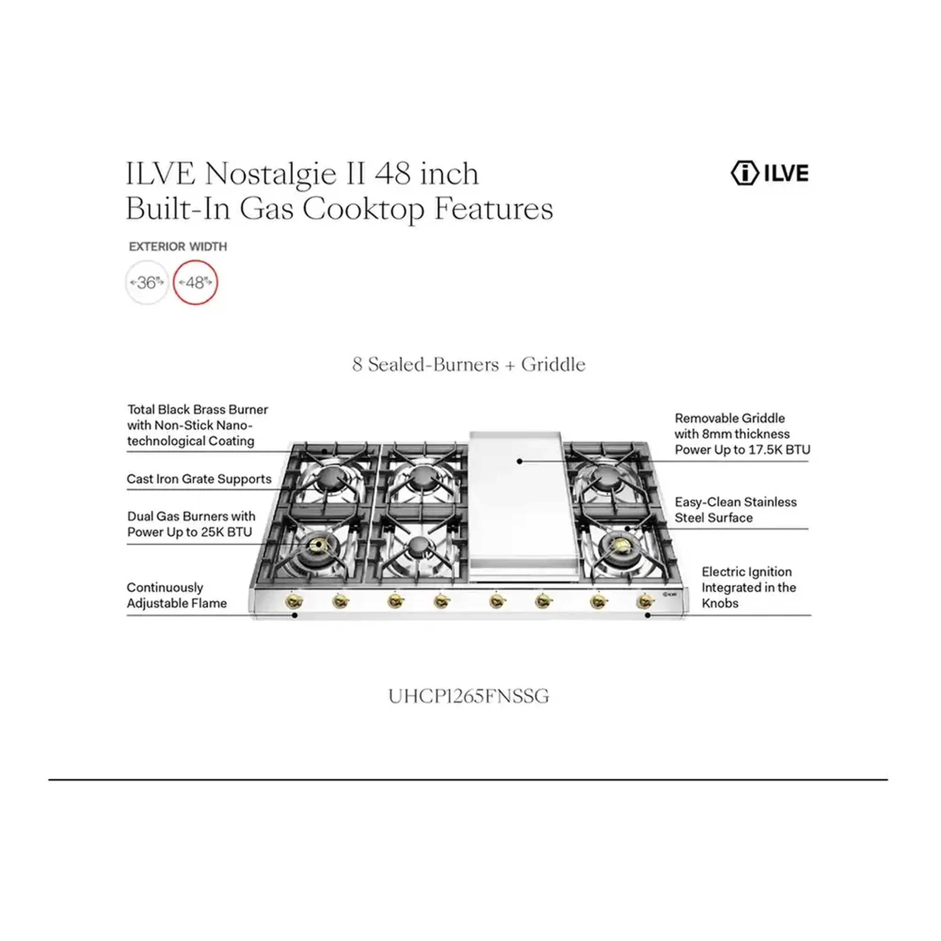 ILVE Nostalgie II 48 inch Built-In Propane Gas Cooktop with 8 Burners, Griddle, in Stainless Steel (UHCP1265FNSSBLP) - Image 9