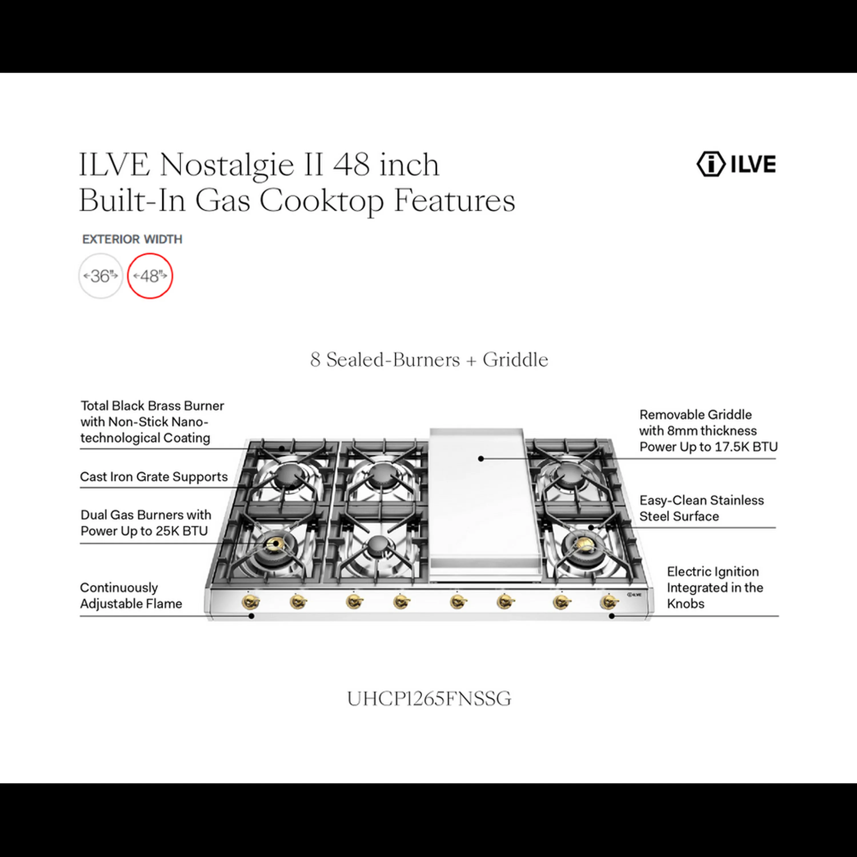 ILVE Nostalgie II 48-Inch Built-In Propane Gas Cooktop with 8 Burners, Griddle in Stainless Steel (UHCP1265FNSSGLP) - Image 9
