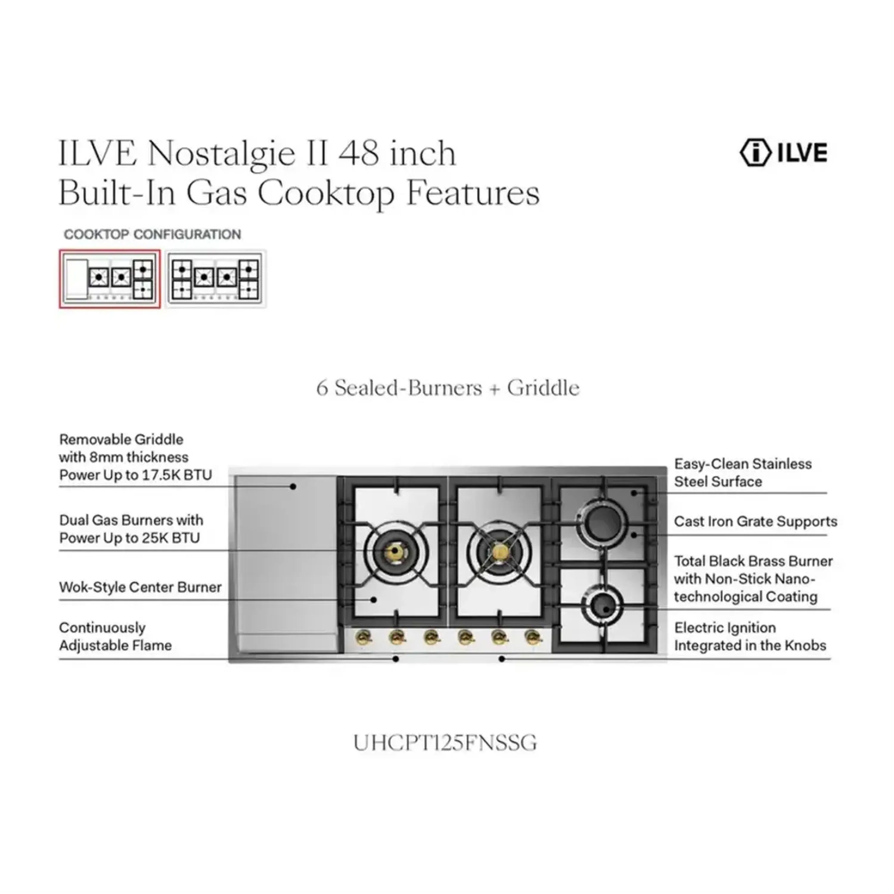 ILVE Nostalgie II 48-Inch Built-In Natural Gas Cooktop with Total Black Brass Burners in Stainless Steel (UHCPT125FNSSC) - Image 8