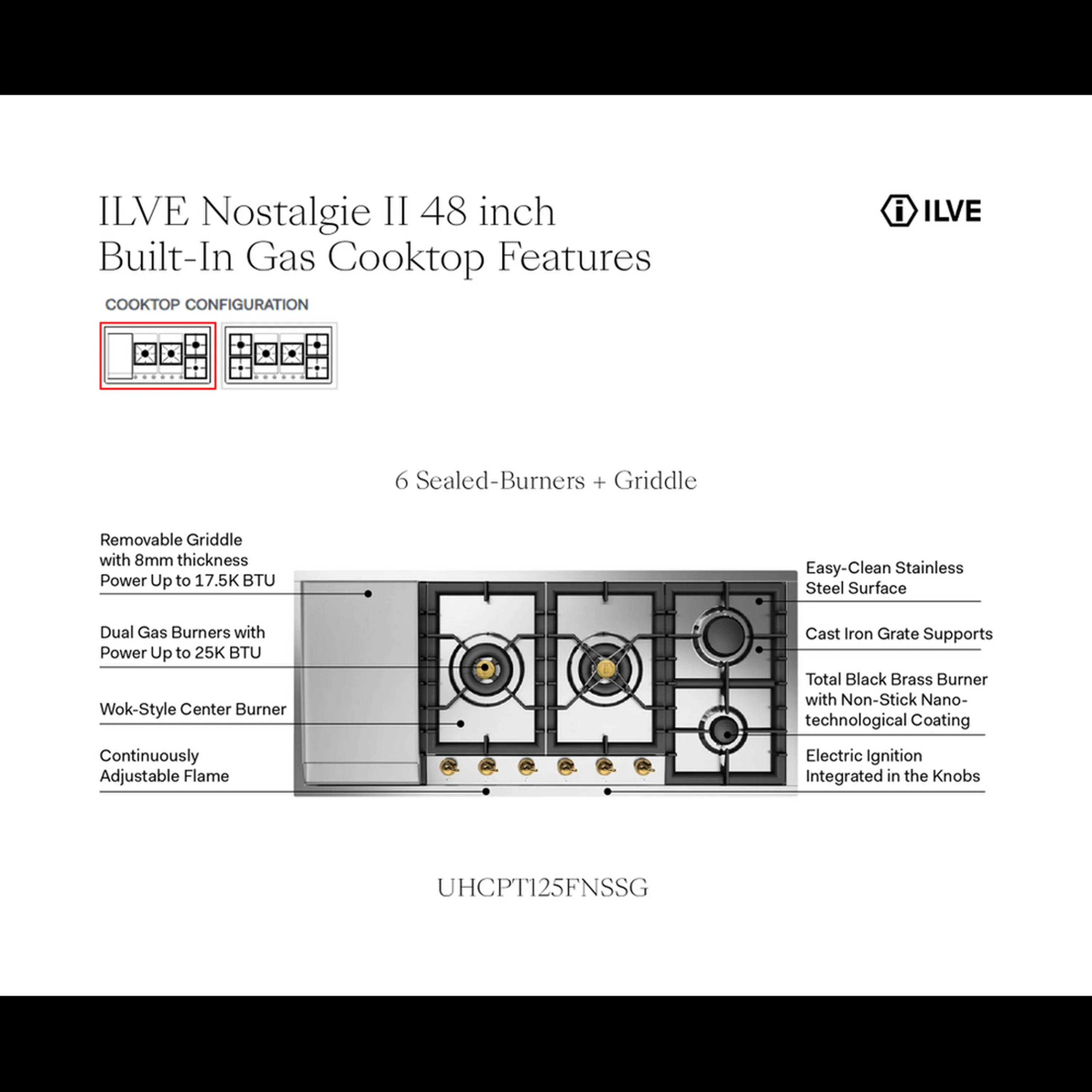 ILVE Nostalgie II 48-Inch Built-In Gas Cooktop with Total Black Brass Burners in Stainless Steel (UHCPT125FNSSG) - Image 8