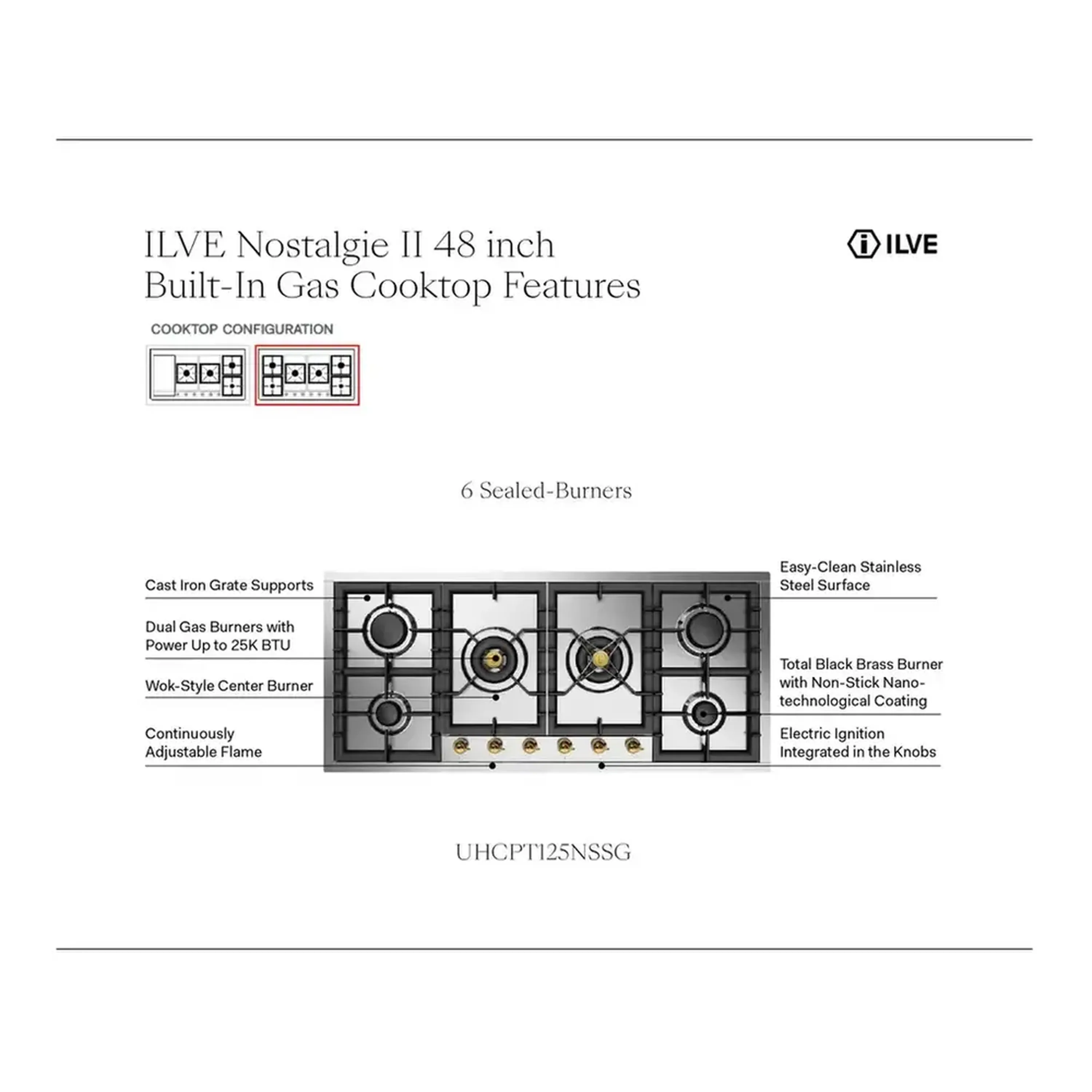 ILVE Nostalgie II 48-Inch Built-In Gas Cooktop with Total Black Brass Burners in Stainless Steel (UHCPT125NSSC) - Image 8