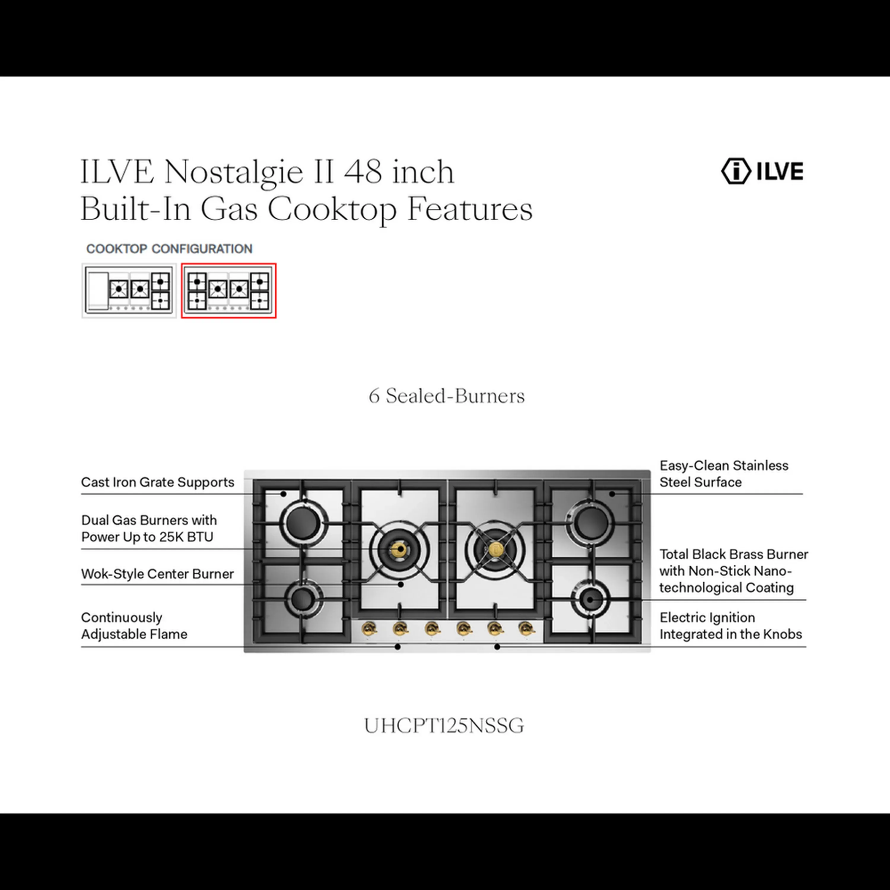 ILVE Nostalgie II 48-Inch Built-In Natural Gas Cooktop with Total Black Brass Burners in Stainless Steel (UHCPT125NSSG) - Image 8