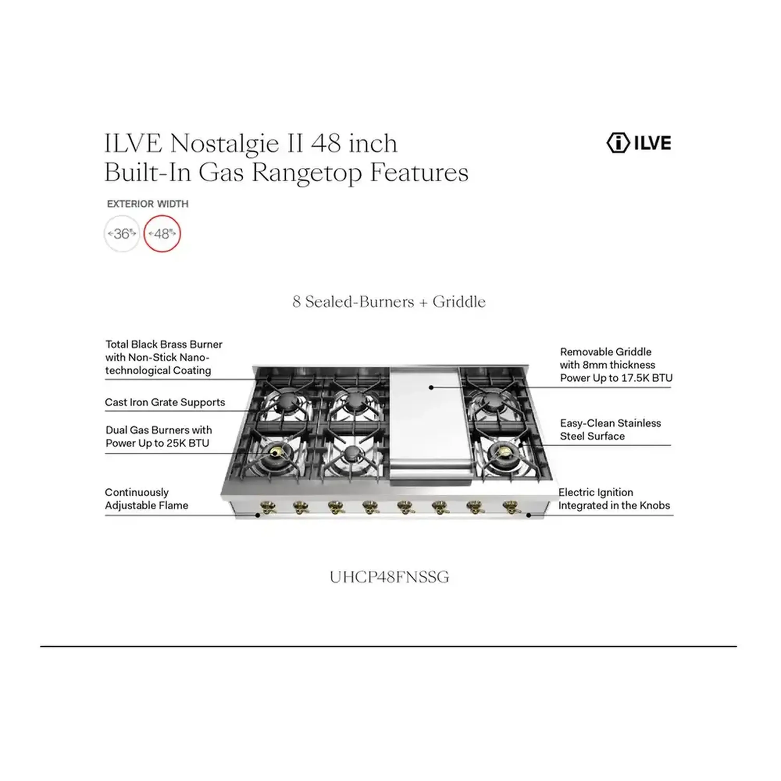 ILVE Nostalgie II 48 inch Built-In Natural Gas Rangetop with Griddle, in Stainless Steel (UHCP48FNSSB) - Image 9