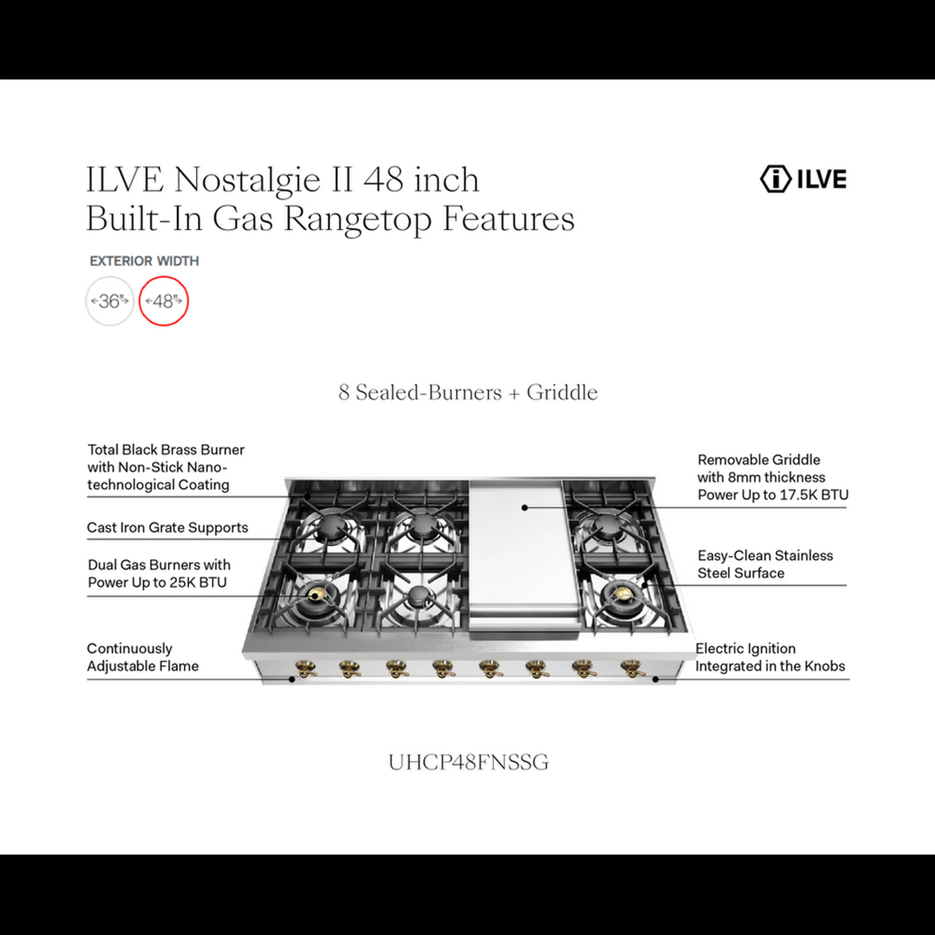 ILVE Nostalgie II 48-Inch Built-In Propane Gas Rangetop with Griddle in Stainless Steel (UHCP48FNSSG) - Image 9