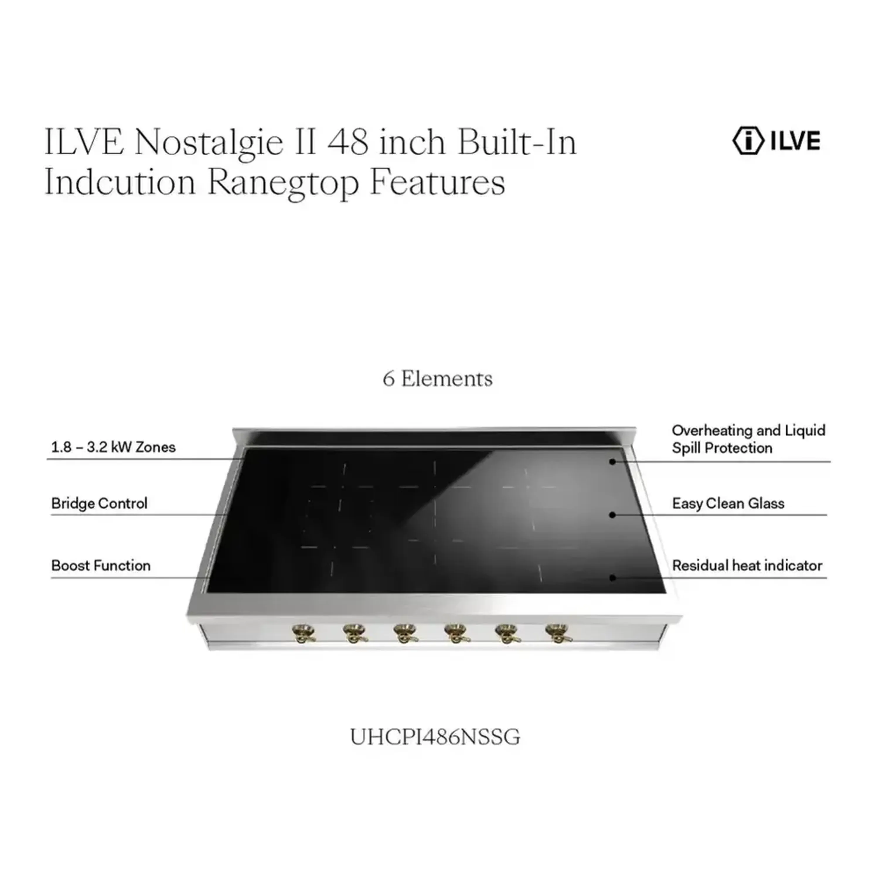 ILVE Nostalgie II 48 inch Built-In Induction Rangetop with 6 Elements, Stainless Steel (UHCPI486NSSP) - Image 8