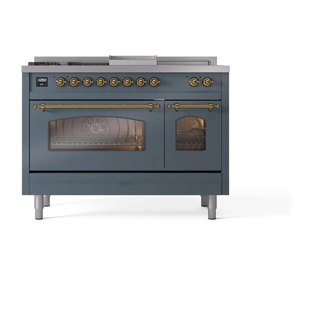 ILVE Nostalgie II 48-Inch Propane Gas Dual Fuel Range with 5 Burners, Griddle, & French Top with Triple Glass Door Oven in Blue Grey with Brass Trim (UP48FSNMPBGGLP) - Image 2