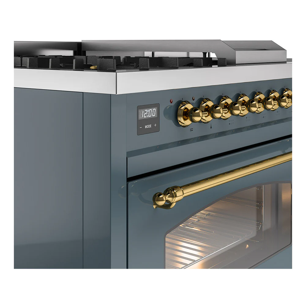 ILVE Nostalgie II 48-Inch Propane Gas Dual Fuel Range with 5 Burners, Griddle, & French Top with Triple Glass Door Oven in Blue Grey with Brass Trim (UP48FSNMPBGGLP) - Image 3