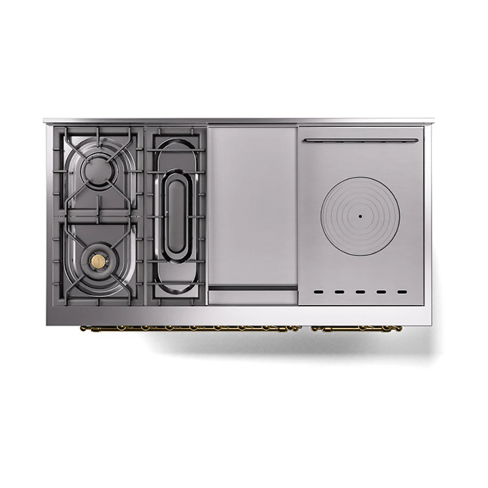 ILVE Nostalgie II 48-Inch Propane Gas Dual Fuel Range with 5 Burners, Griddle, & French Top with Triple Glass Door Oven in Blue Grey with Brass Trim (UP48FSNMPBGGLP) - Image 4
