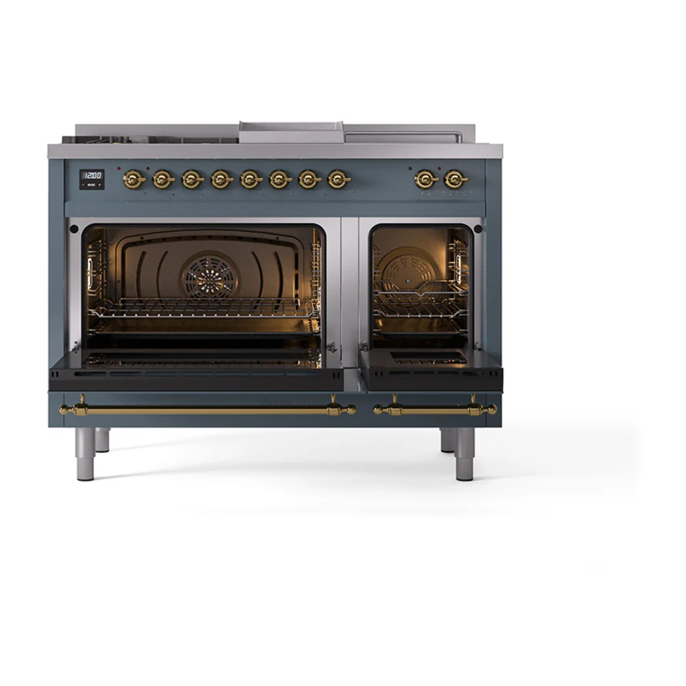ILVE Nostalgie II 48-Inch Propane Gas Dual Fuel Range with 5 Burners, Griddle, & French Top with Triple Glass Door Oven in Blue Grey with Brass Trim (UP48FSNMPBGGLP) - Image 5