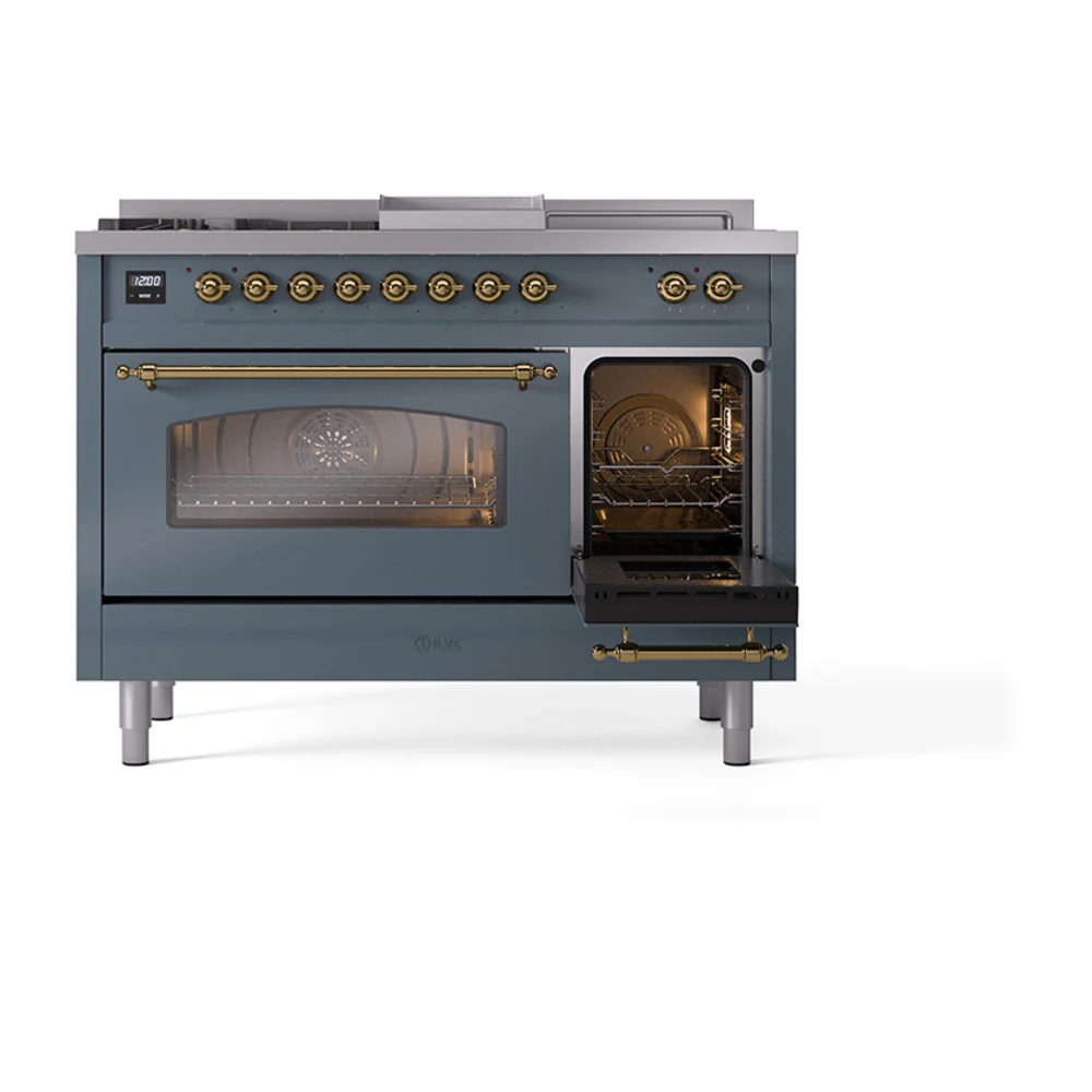 ILVE Nostalgie II 48-Inch Propane Gas Dual Fuel Range with 5 Burners, Griddle, & French Top with Triple Glass Door Oven in Blue Grey with Brass Trim (UP48FSNMPBGGLP) - Image 7
