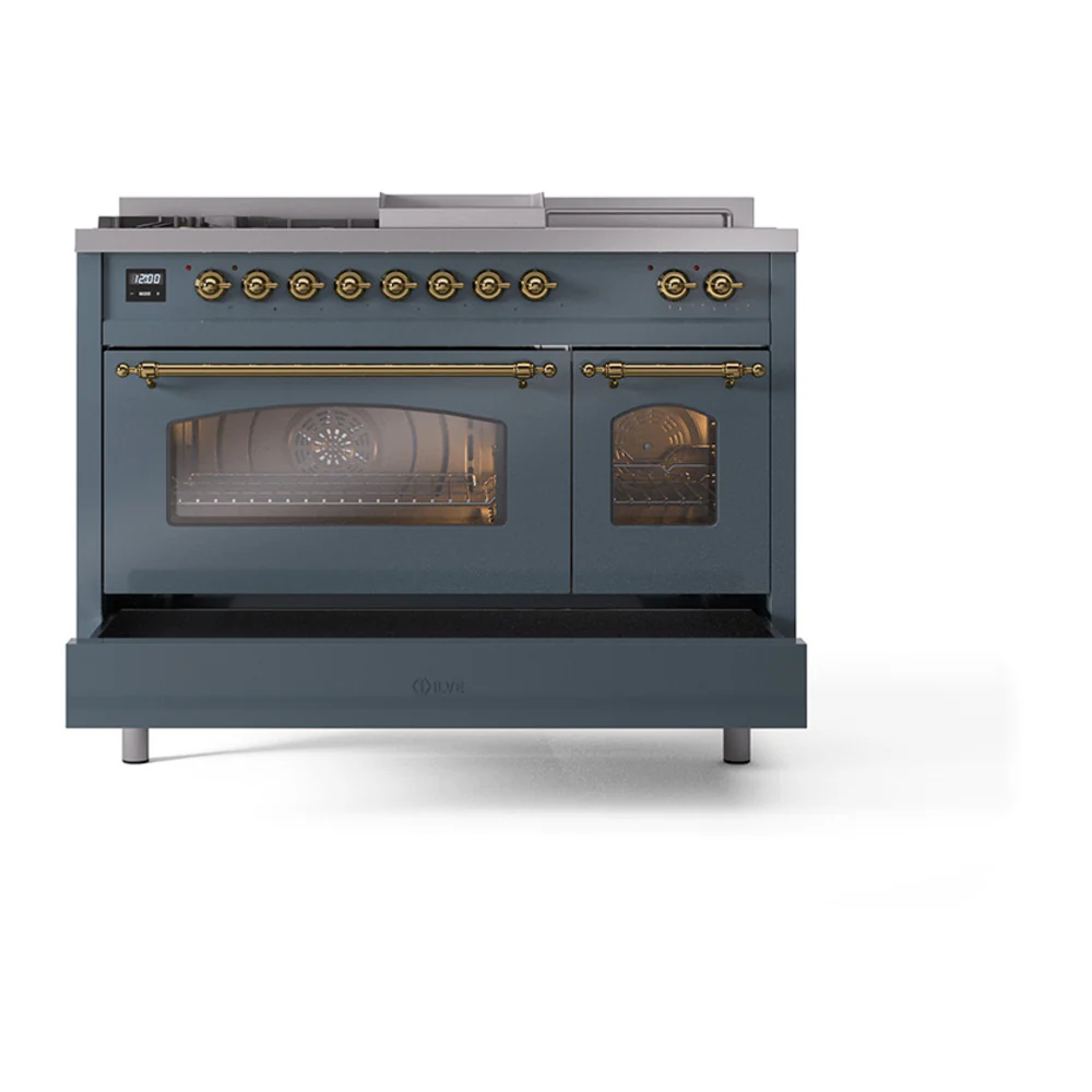 ILVE Nostalgie II 48-Inch Propane Gas Dual Fuel Range with 5 Burners, Griddle, & French Top with Triple Glass Door Oven in Blue Grey with Brass Trim (UP48FSNMPBGGLP) - Image 8