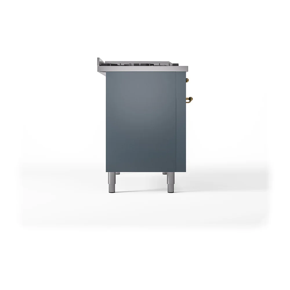 ILVE Nostalgie II 48-Inch Propane Gas Dual Fuel Range with 5 Burners, Griddle, & French Top with Triple Glass Door Oven in Blue Grey with Brass Trim (UP48FSNMPBGGLP) - Image 9