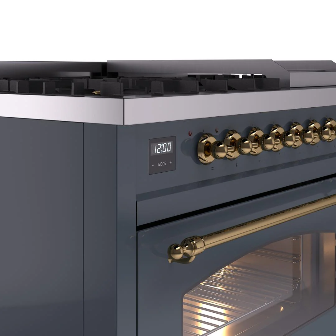 ILVE Nostalgie II 48-Inch Dual Fuel Freestanding Range in Blue Grey with Brass Trim (UP48FNMPBGGLP) - Image 3