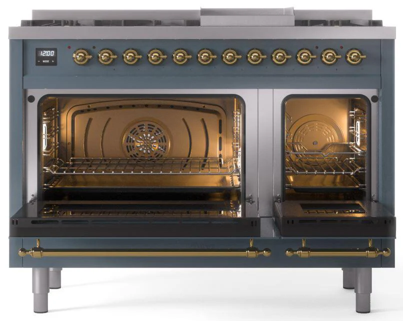 ILVE Nostalgie II 48-Inch Dual Fuel Freestanding Range in Blue Grey with Brass Trim (UP48FNMPBGGLP) - Image 5