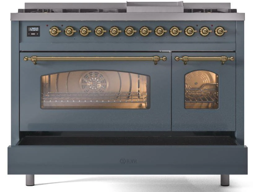 ILVE Nostalgie II 48-Inch Dual Fuel Freestanding Range in Blue Grey with Brass Trim (UP48FNMPBGGLP) - Image 6