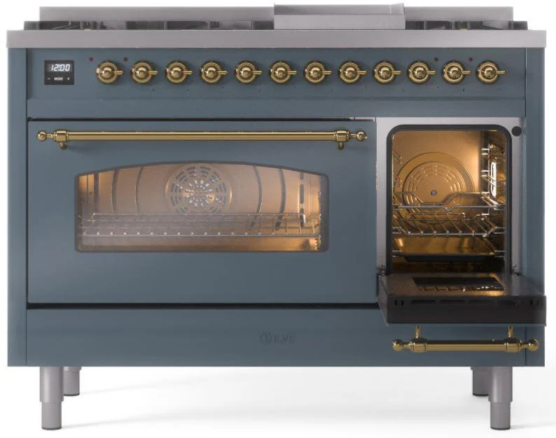 ILVE Nostalgie II 48-Inch Dual Fuel Freestanding Range in Blue Grey with Brass Trim (UP48FNMPBGGLP) - Image 7