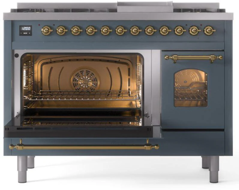 ILVE Nostalgie II 48-Inch Dual Fuel Freestanding Range in Blue Grey with Brass Trim (UP48FNMPBGGLP) - Image 8