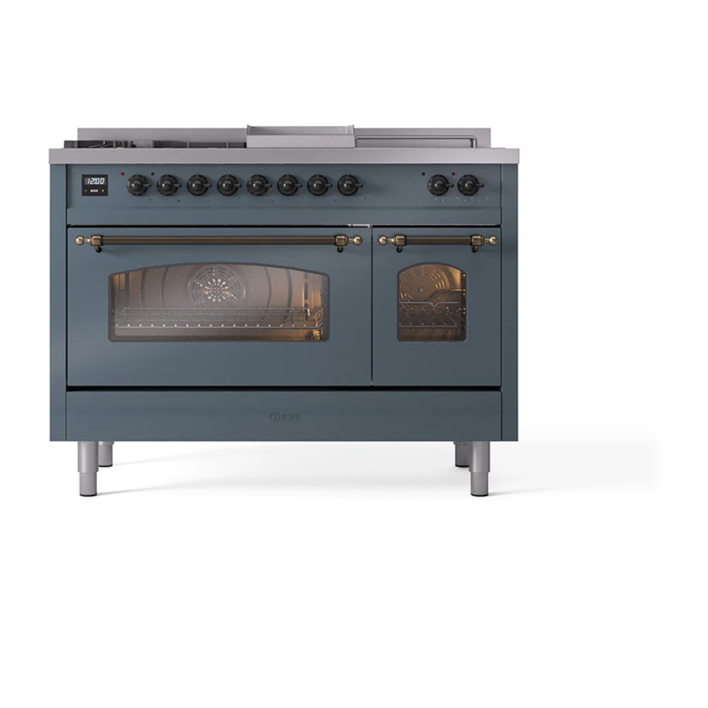 ILVE Nostalgie II 48-Inch Propane Gas Dual Fuel Range with 5 Burners, Griddle, & French Top with Triple Glass Door Oven in Blue Grey with Bronze Trim (UP48FSNMPBGBLP) - Image 2