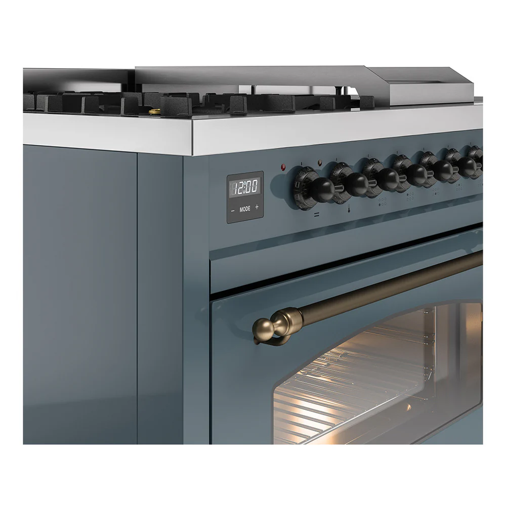 ILVE Nostalgie II 48-Inch Propane Gas Dual Fuel Range with 5 Burners, Griddle, & French Top with Triple Glass Door Oven in Blue Grey with Bronze Trim (UP48FSNMPBGBLP) - Image 3