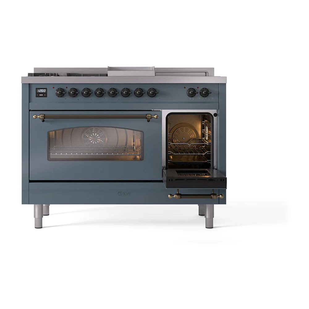 ILVE Nostalgie II 48-Inch Propane Gas Dual Fuel Range with 5 Burners, Griddle, & French Top with Triple Glass Door Oven in Blue Grey with Bronze Trim (UP48FSNMPBGBLP) - Image 7