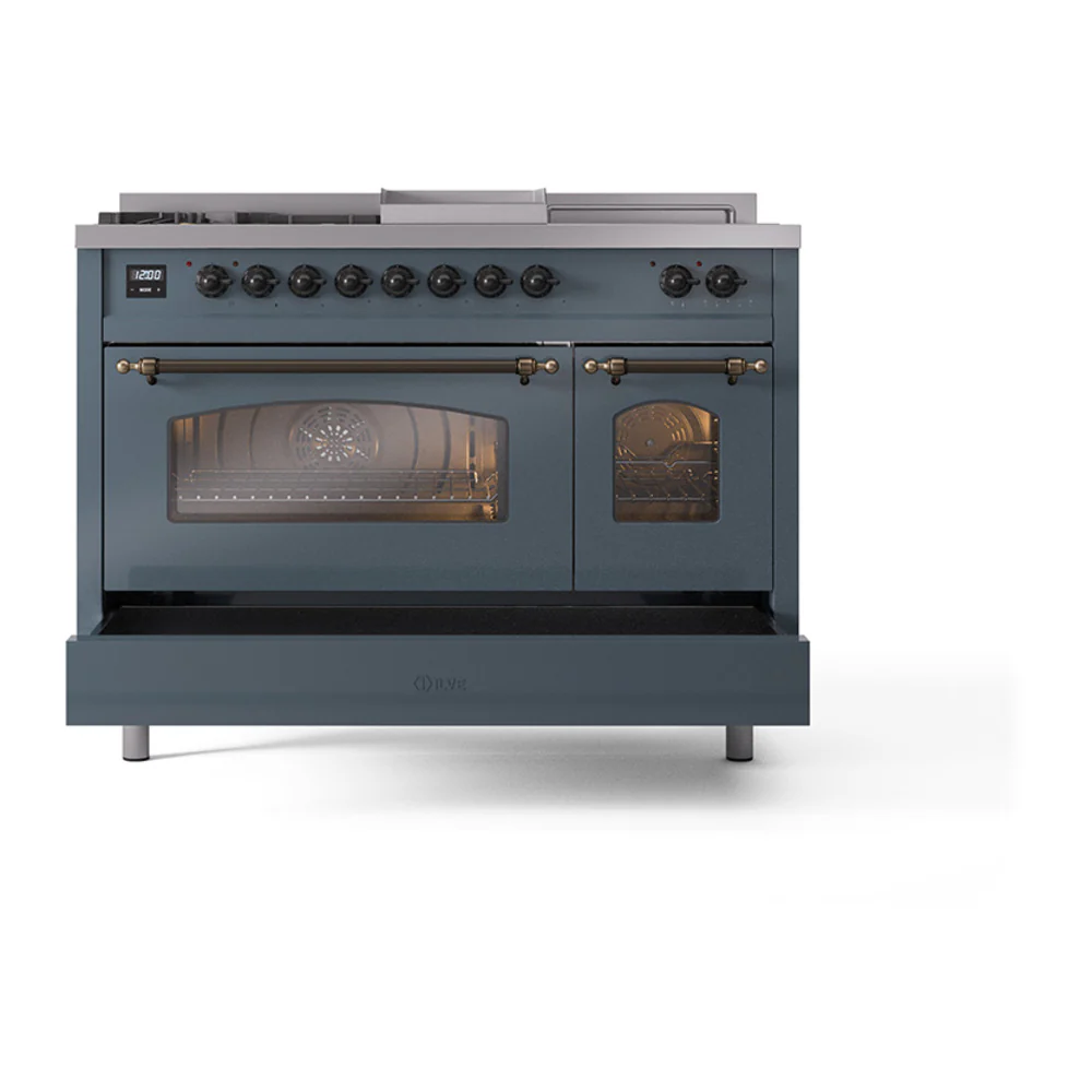 ILVE Nostalgie II 48-Inch Propane Gas Dual Fuel Range with 5 Burners, Griddle, & French Top with Triple Glass Door Oven in Blue Grey with Bronze Trim (UP48FSNMPBGBLP) - Image 8