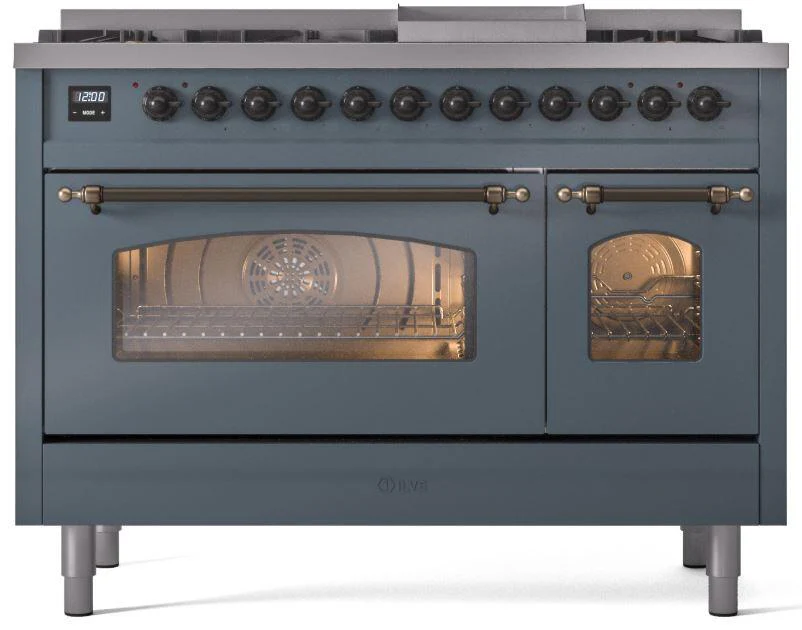 ILVE Nostalgie II 48-Inch Dual Fuel Freestanding Range in Blue Grey with Bronze Trim (UP48FNMPBGBLP) - Image 2