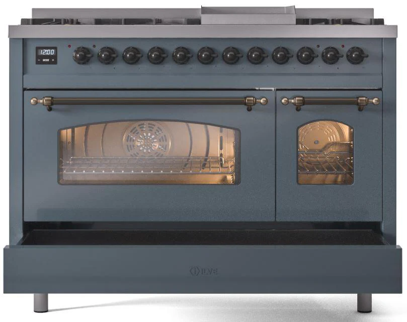 ILVE Nostalgie II 48-Inch Dual Fuel Freestanding Range in Blue Grey with Bronze Trim (UP48FNMPBGBLP) - Image 6