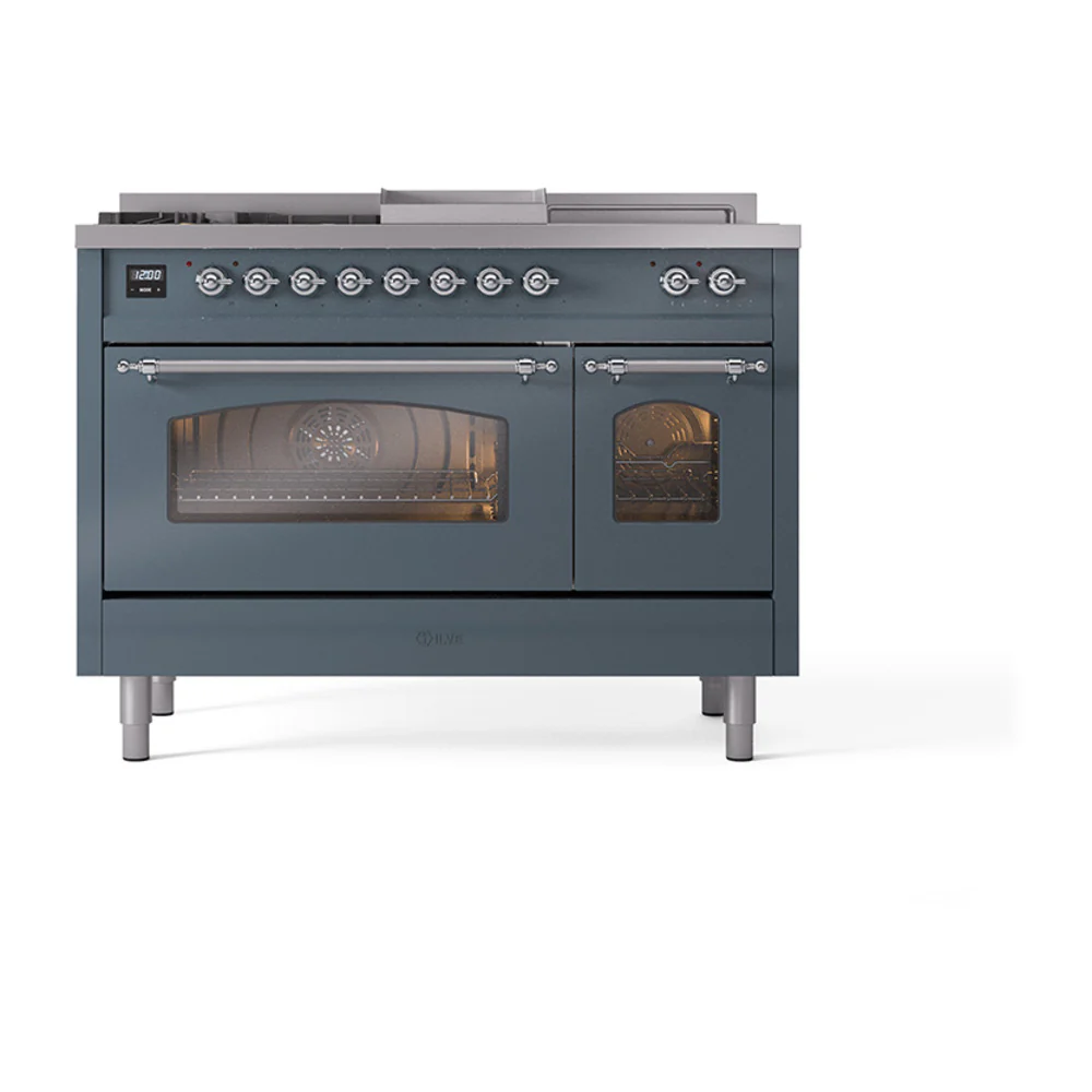 ILVE Nostalgie II 48-Inch Propane Gas Dual Fuel Range with 5 Burners, Griddle, & French Top with Triple Glass Door Oven in Blue Grey with Chrome Trim (UP48FSNMPBGCLP) - Image 2
