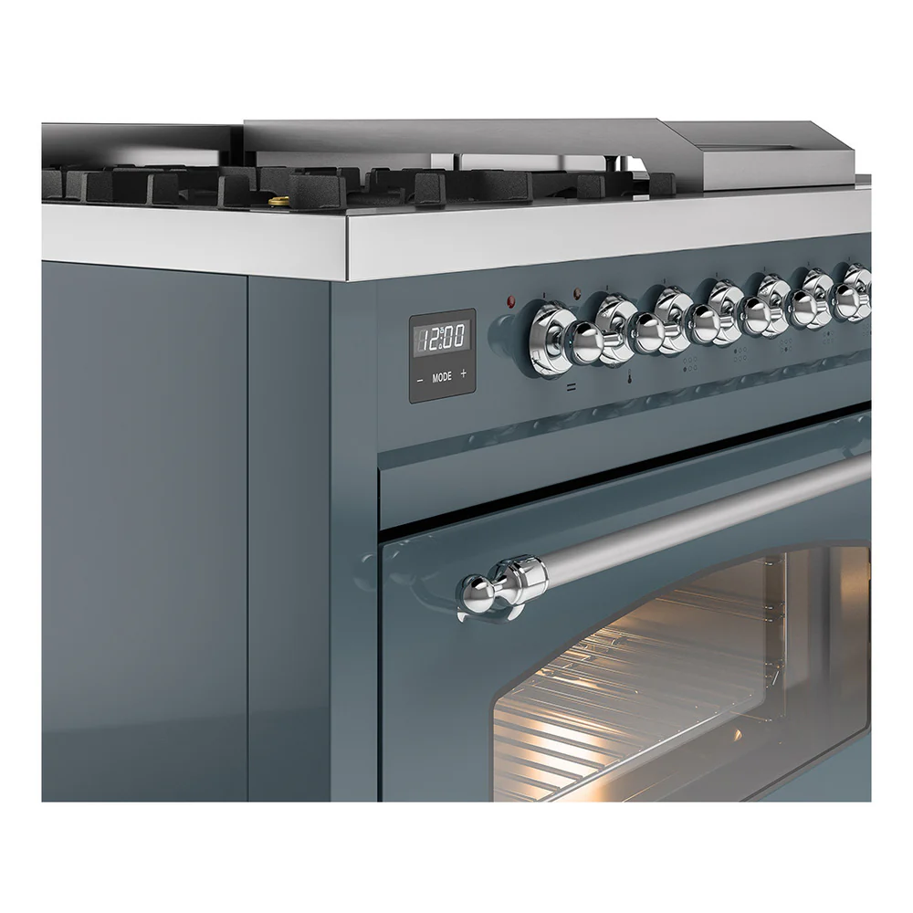 ILVE Nostalgie II 48-Inch Propane Gas Dual Fuel Range with 5 Burners, Griddle, & French Top with Triple Glass Door Oven in Blue Grey with Chrome Trim (UP48FSNMPBGCLP) - Image 3