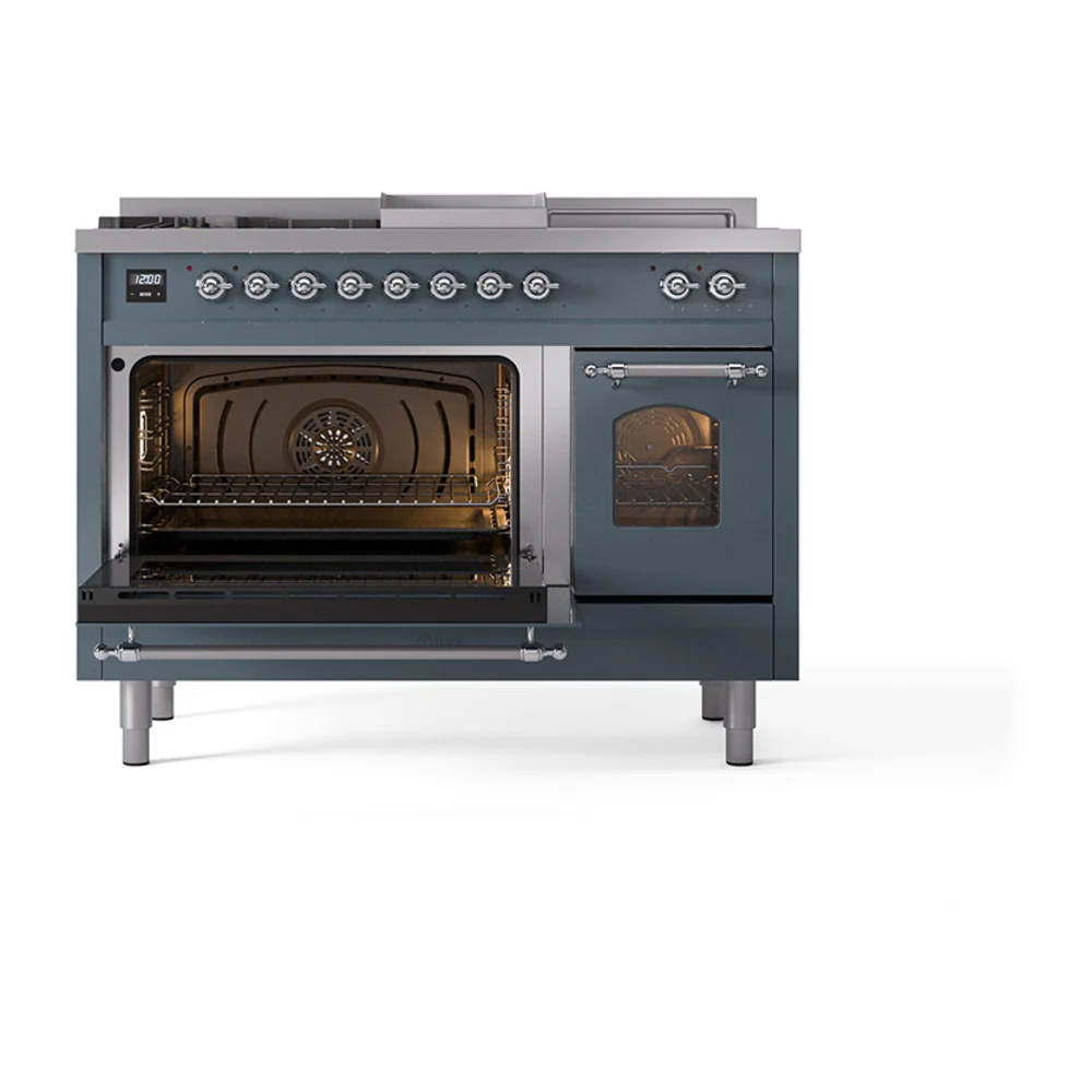 ILVE Nostalgie II 48-Inch Propane Gas Dual Fuel Range with 5 Burners, Griddle, & French Top with Triple Glass Door Oven in Blue Grey with Chrome Trim (UP48FSNMPBGCLP) - Image 6