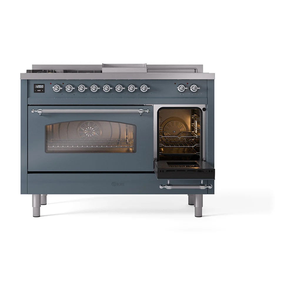 ILVE Nostalgie II 48-Inch Propane Gas Dual Fuel Range with 5 Burners, Griddle, & French Top with Triple Glass Door Oven in Blue Grey with Chrome Trim (UP48FSNMPBGCLP) - Image 7