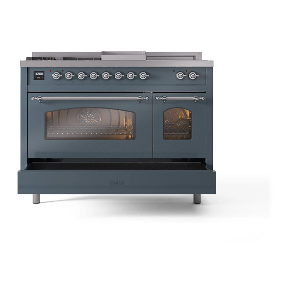 ILVE Nostalgie II 48-Inch Propane Gas Dual Fuel Range with 5 Burners, Griddle, & French Top with Triple Glass Door Oven in Blue Grey with Chrome Trim (UP48FSNMPBGCLP) - Image 8