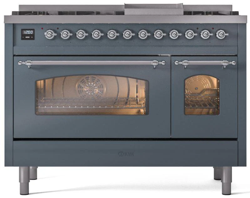 ILVE Nostalgie II 48-Inch Dual Fuel Freestanding Range in Blue Grey with Chrome Trim (UP48FNMPBGCLP) - Image 2