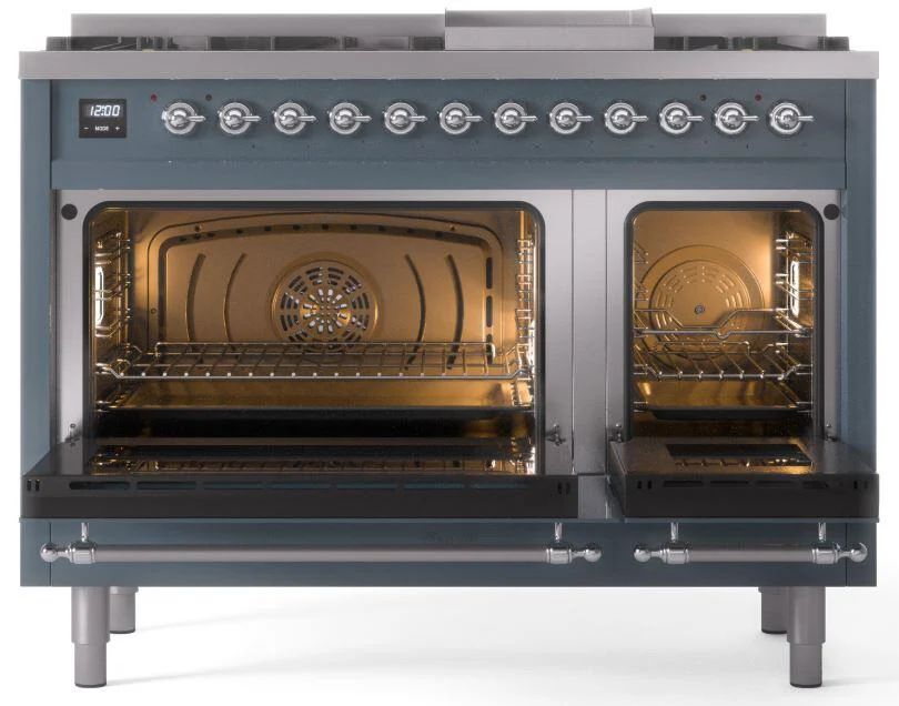 ILVE Nostalgie II 48-Inch Dual Fuel Freestanding Range in Blue Grey with Chrome Trim (UP48FNMPBGCLP) - Image 5