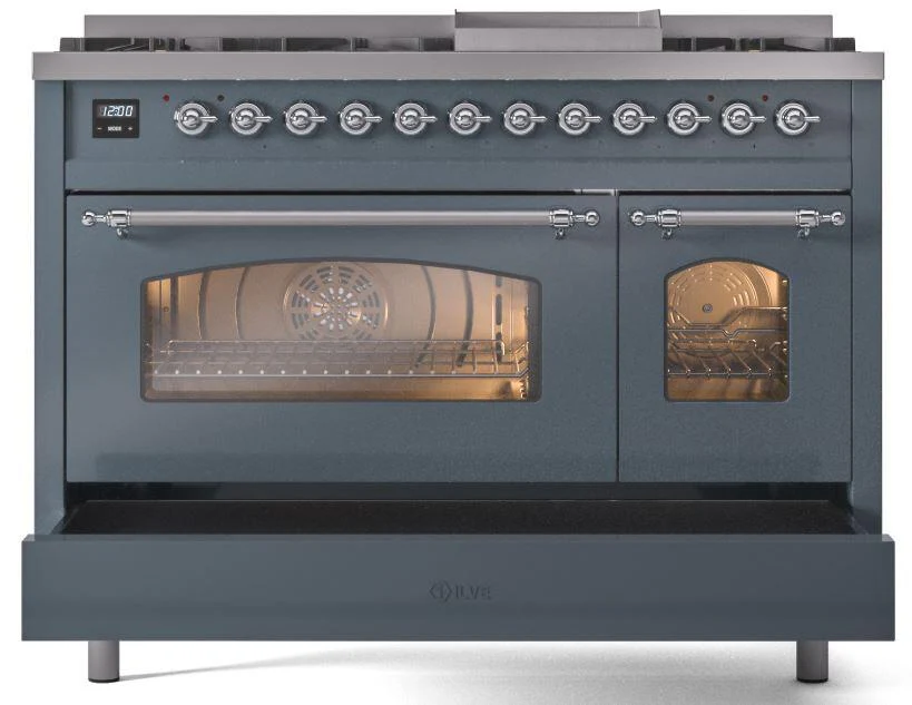 ILVE Nostalgie II 48-Inch Dual Fuel Freestanding Range in Blue Grey with Chrome Trim (UP48FNMPBGCLP) - Image 6