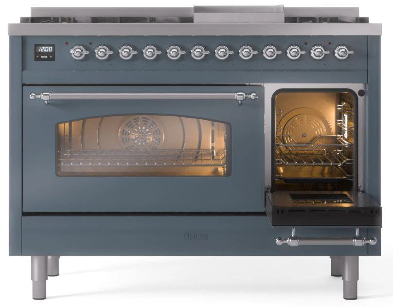 ILVE Nostalgie II 48-Inch Dual Fuel Freestanding Range in Blue Grey with Chrome Trim (UP48FNMPBGCLP) - Image 7