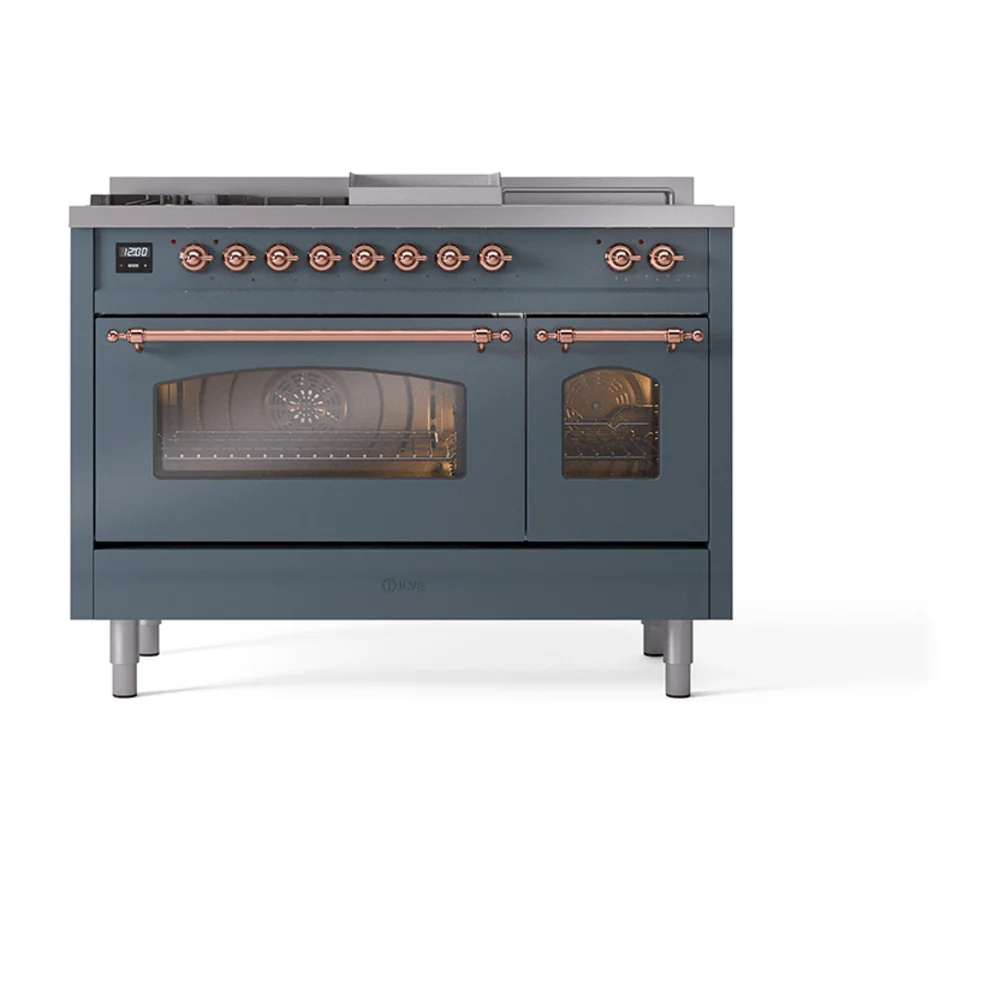 ILVE Nostalgie II 48-Inch Propane Gas Dual Fuel Range with 5 Burners, Griddle, & French Top with Triple Glass Door Oven in Blue Grey with Copper Trim (UP48FSNMPBGPLP) - Image 2