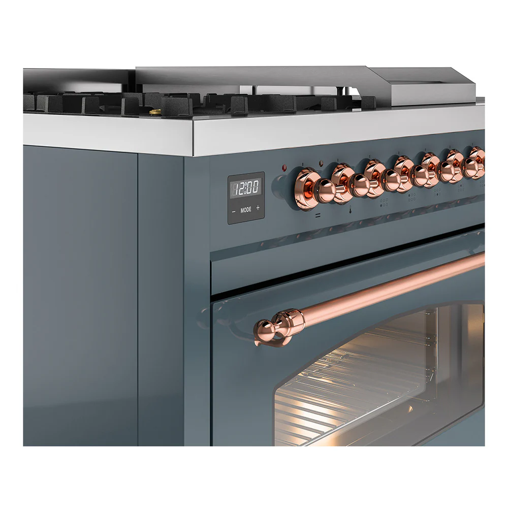 ILVE Nostalgie II 48-Inch Propane Gas Dual Fuel Range with 5 Burners, Griddle, & French Top with Triple Glass Door Oven in Blue Grey with Copper Trim (UP48FSNMPBGPLP) - Image 3