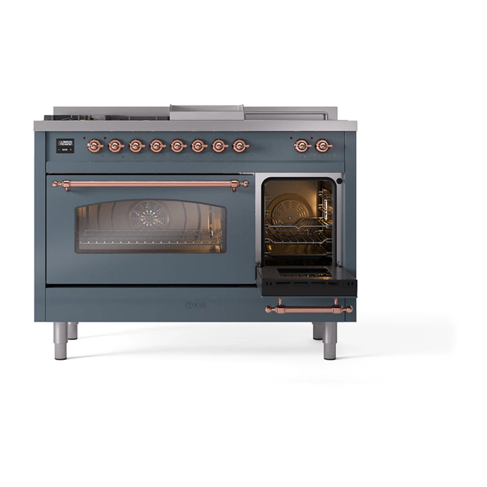 ILVE Nostalgie II 48-Inch Propane Gas Dual Fuel Range with 5 Burners, Griddle, & French Top with Triple Glass Door Oven in Blue Grey with Copper Trim (UP48FSNMPBGPLP) - Image 6