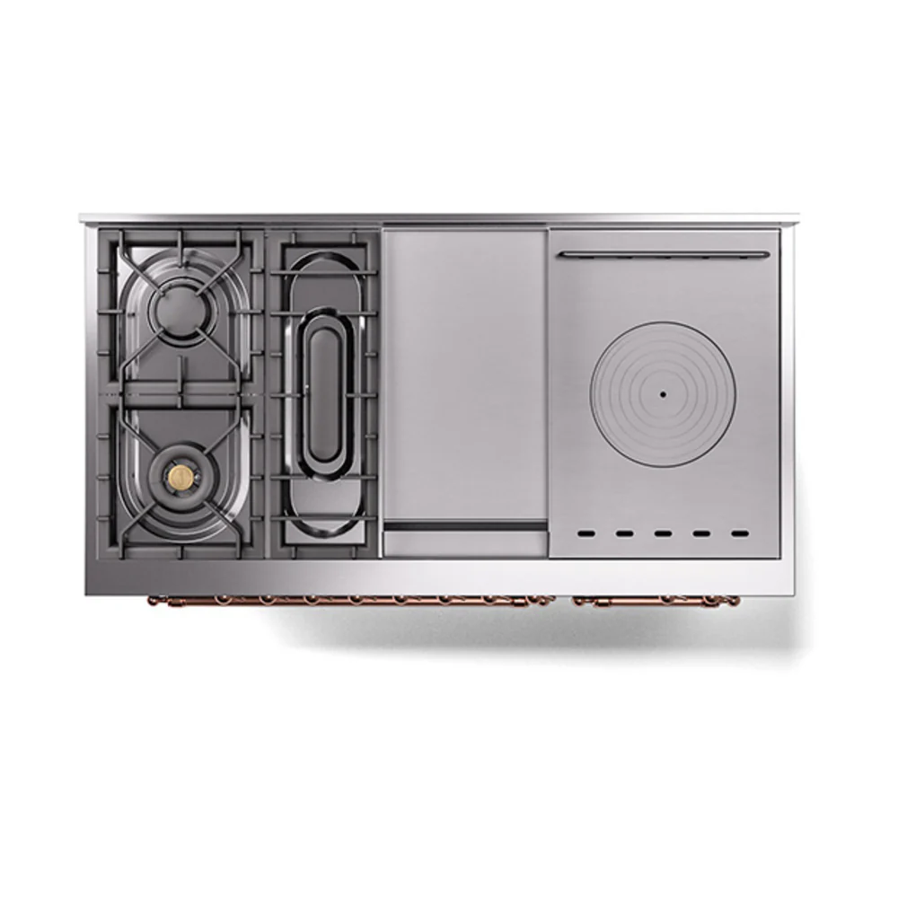 ILVE Nostalgie II 48-Inch Propane Gas Dual Fuel Range with 5 Burners, Griddle, & French Top with Triple Glass Door Oven in Blue Grey with Copper Trim (UP48FSNMPBGPLP) - Image 8