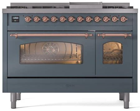 ILVE Nostalgie II 48-Inch Dual Fuel Freestanding Range in Blue Grey with Copper Trim (UP48FNMPBGPLP) - Image 2