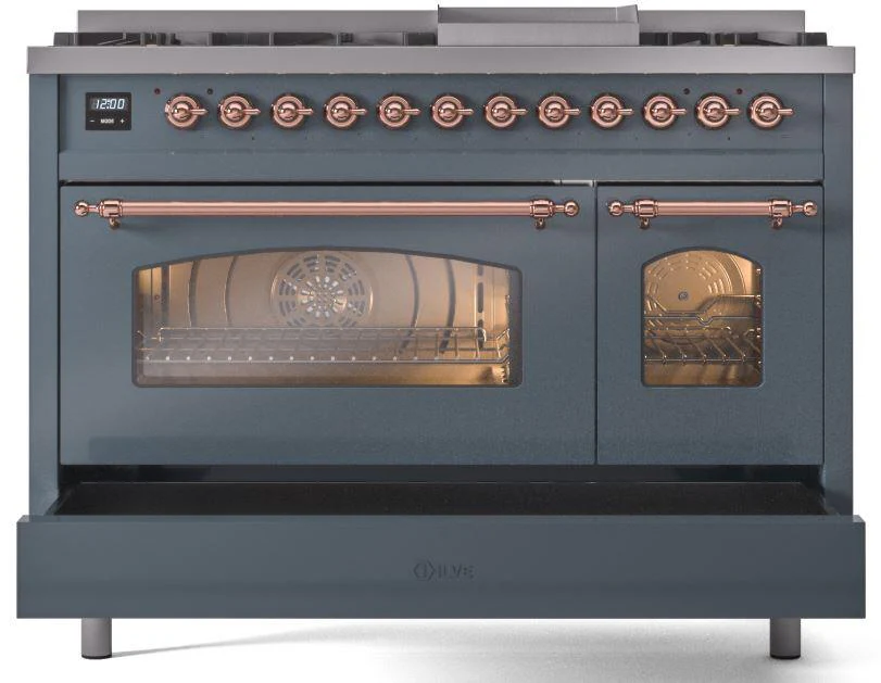 ILVE Nostalgie II 48-Inch Dual Fuel Freestanding Range in Blue Grey with Copper Trim (UP48FNMPBGPLP) - Image 6