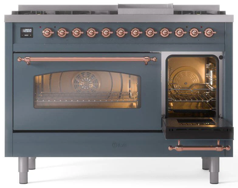 ILVE Nostalgie II 48-Inch Dual Fuel Freestanding Range in Blue Grey with Copper Trim (UP48FNMPBGPLP) - Image 7