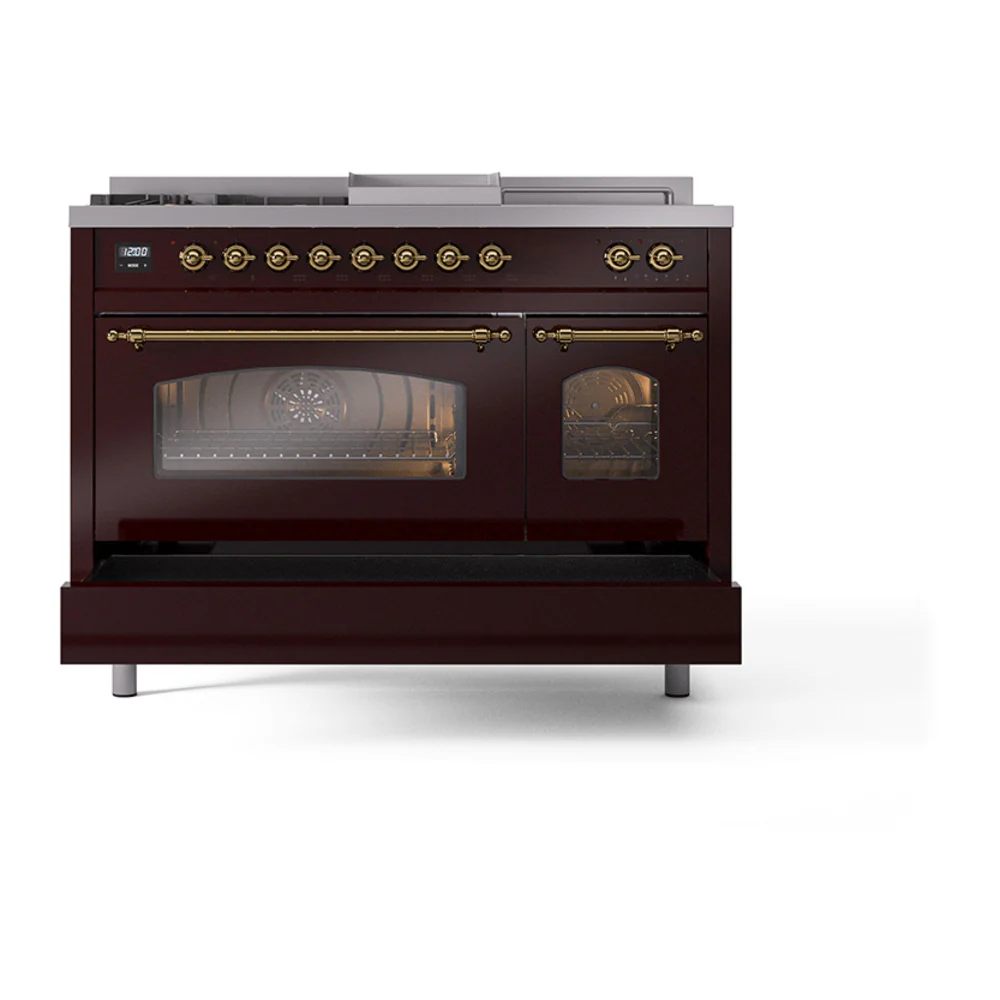 ILVE Nostalgie II 48-Inch Propane Gas Dual Fuel Range with 5 Burners, Griddle, & French Top with Triple Glass Door Oven in Burgundy with Brass Trim (UP48FSNMPBUGLP) - Image 2